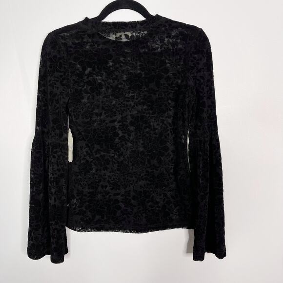 New Altar'd State Small S Black Velvet Burn Out Long Flare Sleeve Blouse Floral - Picture 2 of 10